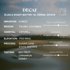 Colombia Decaf Tolima tasting notes and sourcing card