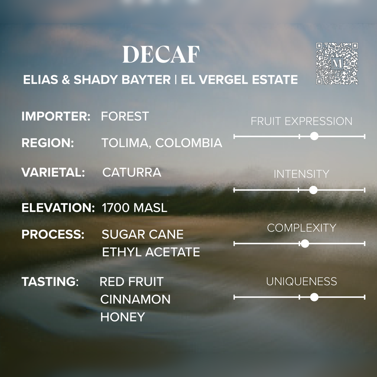Colombia Decaf Tolima tasting notes and sourcing card