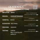 Guatemala Flor del Café info card: washed, Huehuetenango, lemon milk chocolate apricot