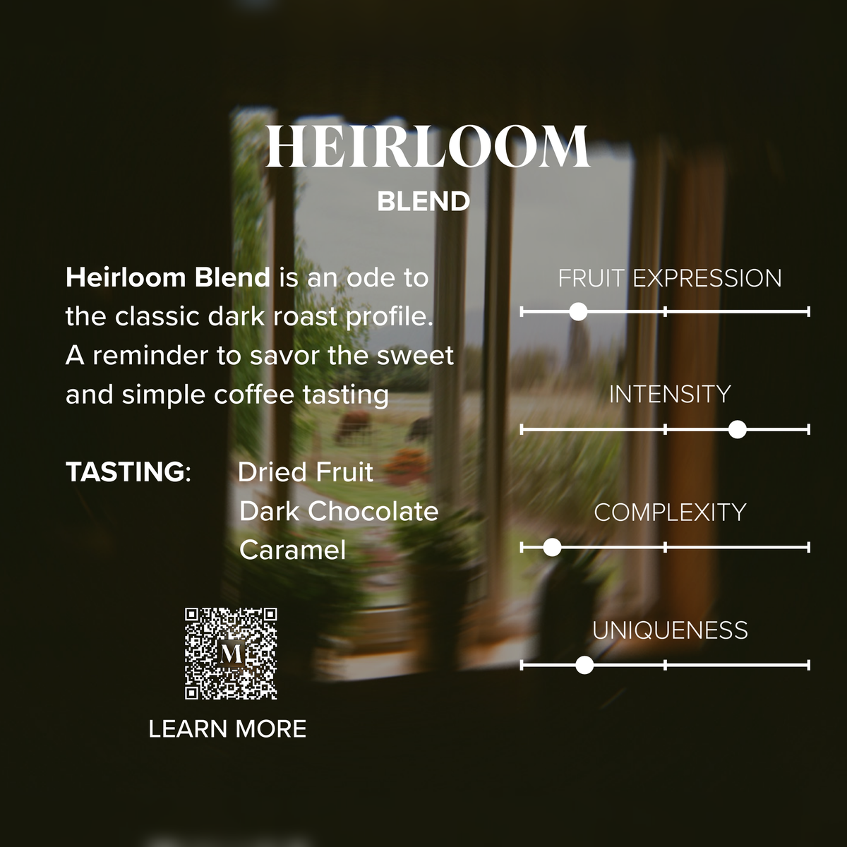 Heirloom Blend tasting notes and sourcing card