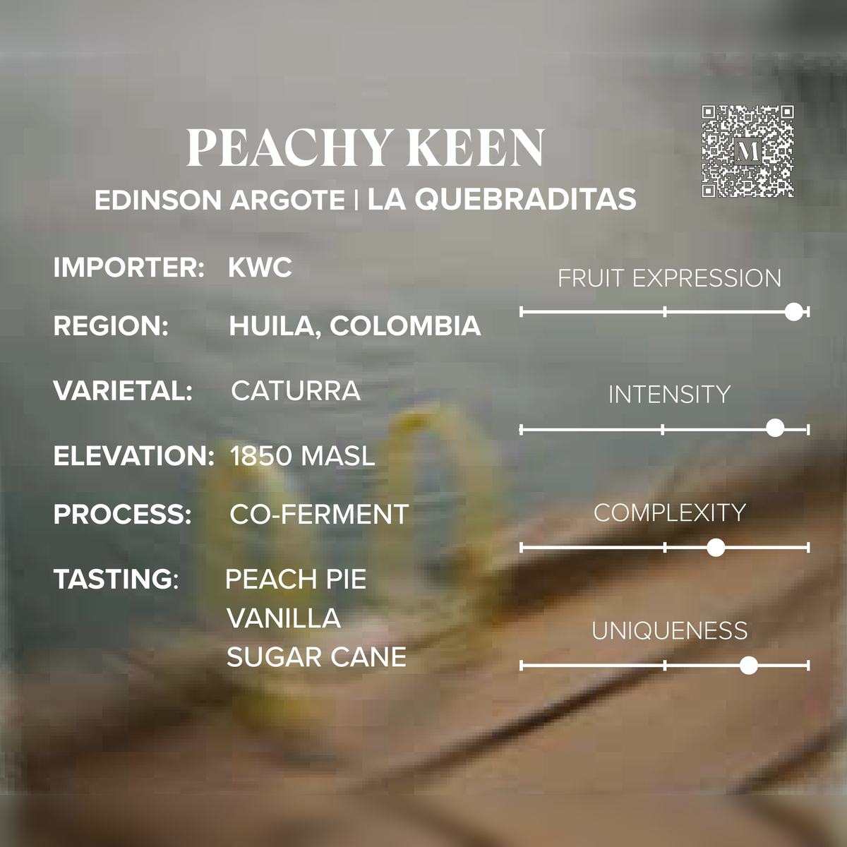 Colombia Peachy Keen tasting notes and sourcing card
